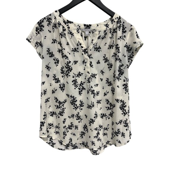 41 Hawthorn Blouse Size Large Floral V Neck Short Sleeve Textured Ivory Black - Picture 1 of 7